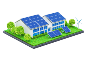 A modern house featuring solar panels on the roof and surrounding greenery, highlighting sustainable energy solutions. png