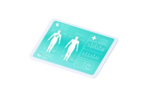 A digital health monitor displaying human figures and vital sign graphs, emphasizing health metrics and medical data. png