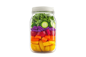 A vibrant jar filled with layers of colorful chopped vegetables, showcasing a healthy and appealing mix of textures and hues. png