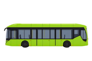 A bright green bus with a modern design featuring large windows and a streamlined shape, emphasizing urban transportation. png