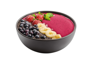 A colorful smoothie bowl topped with fresh strawberries, bananas, blueberries, and mint leaves. png