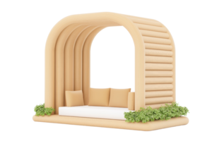 A modern architectural seating structure featuring a curved design, soft cushions, and decorative greenery. png