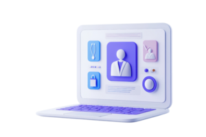 A laptop featuring a user interface with icons representing a user profile, settings, and tools, designed in a colorful, modern style. png