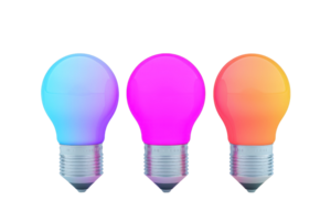 Colorful light bulbs in various hues, showcasing vibrant designs and modern aesthetics. png