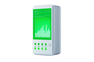 A sleek, modern device featuring a bright green display and multiple buttons, ideal for data analysis and monitoring. png