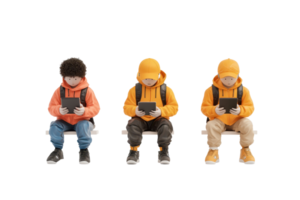 Three children in colorful hoodies are sitting on a bench, each focused on their handheld devices. png