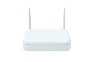 A compact white wireless router with two antennas, designed for internet connectivity and network distribution. png