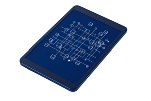 A sleek tablet displays intricate circuit patterns in a striking blue layout. png
