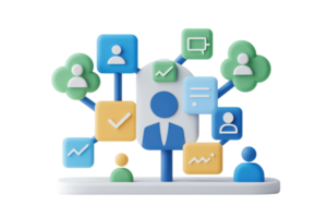 A colorful representation of a person surrounded by various icons symbolizing communication, data, and collaboration. png