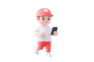 A cheerful character in a red cap and shirt jogs while holding a smartphone. png