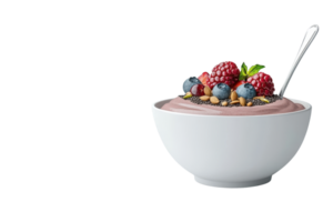 A creamy bowl of yogurt topped with fresh berries and a sprinkle of nuts, served with a silver spoon. png