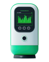 A modern device with a digital display showing data analysis, featuring a sleek design in white and green colors. png