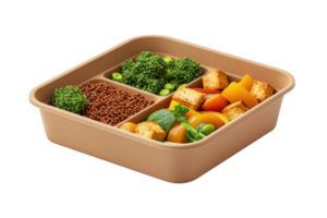 A square container filled with colorful vegetables, grains, and greens, neatly divided into sections. png