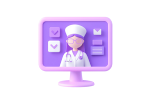 A 3D illustration of a nurse on a computer screen, featuring a stethoscope and various icons representing healthcare tasks. png
