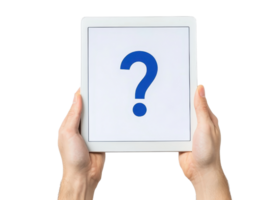 A pair of hands holds a tablet displaying a large blue question mark on a white screen. png