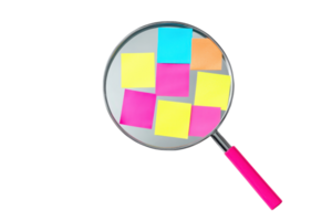A magnifying glass displays colorful sticky notes arranged in a pattern. png