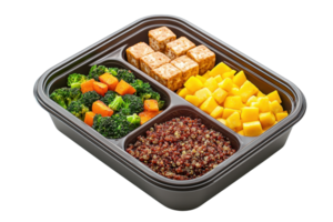 A meal prep container filled with colorful vegetables, tofu, quinoa, and mango, showcasing a healthy and balanced food selection. png