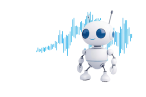 A cheerful robot with a round body and large blue eyes stands next to sound wave graphics, symbolizing communication and technology. png