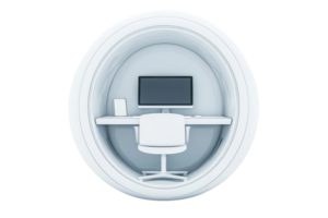 A modern workspace featuring a desk, chair, and computer within a circular structure. png