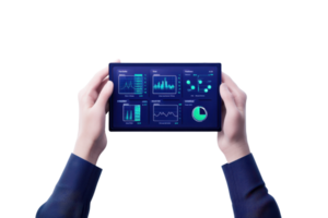 A person holds a digital tablet displaying various data visualizations and graphs. png