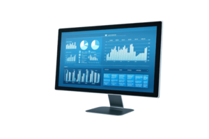 A sleek computer monitor displaying colorful data visualizations and analytical graphs. png