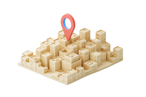A 3D model of a cityscape featuring various buildings with a prominent location pin positioned above one of the structures. png