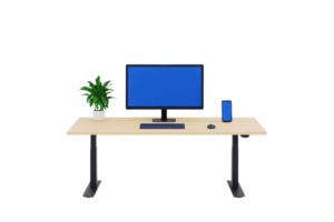 A modern desk setup featuring a computer monitor, wireless speaker, mouse, keyboard, and a potted plant. png