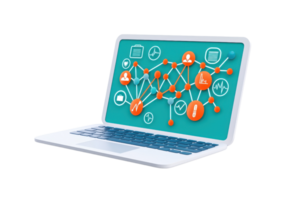 A modern laptop displaying a network of connected icons and symbols, representing digital communication and data exchange. png