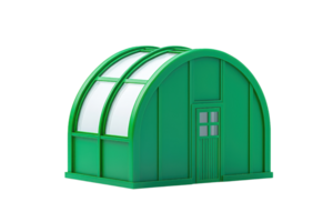 A vibrant green greenhouse structure with a curved roof and large windows, designed for optimal light and plant growth. png