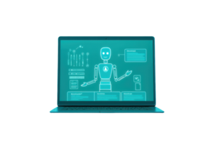 A futuristic laptop displaying a holographic robot with interactive visuals and data. png