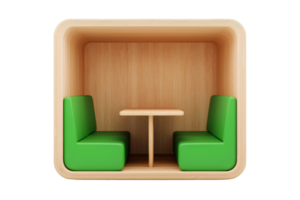 A cozy wooden booth with green seating and a simple table, designed for intimate gatherings or dining. png
