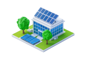 A modern house featuring solar panels on the roof, surrounded by two green trees and a solar panel installation in the front yard. png