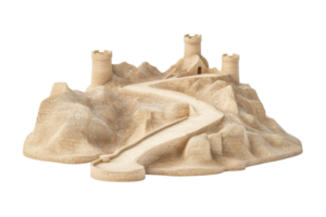 A detailed model of a castle situated on a rocky terrain, featuring a winding path leading to its towers. png