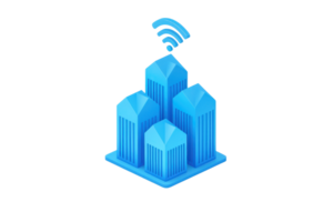 A cluster of blue skyscrapers with a wireless signal symbol above, representing connectivity and modern urban infrastructure. png