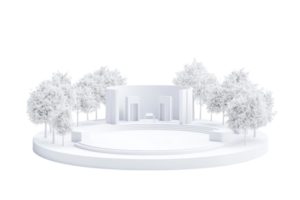 A minimalist architectural model featuring circular pathways and stylized trees, showcasing a serene and modern design. png