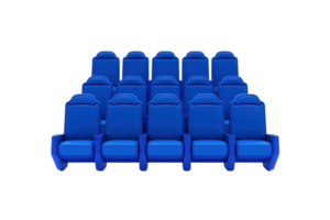 A row of blue seating chairs arranged neatly in a structured formation. png