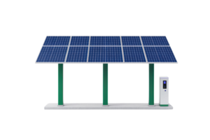 A solar panel structure featuring multiple panels mounted on green supports, with an adjacent power unit for energy conversion. png