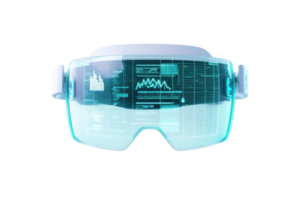 A futuristic pair of augmented reality glasses displaying data and graphics on their lenses. png