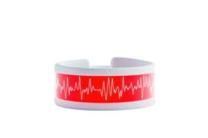 A sleek wristband featuring a red design with a heartbeat line pattern, symbolizing health and vitality. png