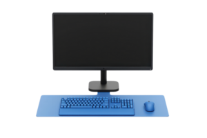 A modern computer setup featuring a sleek monitor, blue keyboard, and mouse on a matching desk mat. png