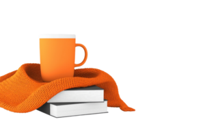 An orange mug rests on a cozy knitted blanket, atop two stacked white books, creating a warm and inviting scene. png