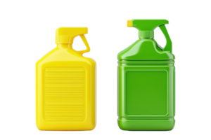 Two plastic containers in vibrant yellow and green colors, designed for liquid storage, featuring distinct shapes and handles. png