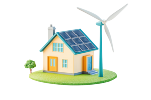 A colorful model of a house with solar panels and a wind turbine, emphasizing renewable energy and eco-friendly living. png