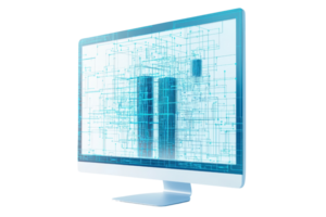 A sleek computer monitor displaying a digital grid and data visualization. png