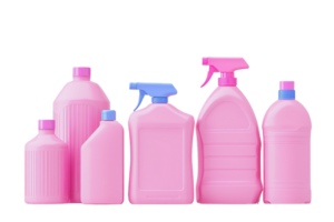 A collection of various pink cleaning spray bottles with different shapes and sizes arranged in a row. png