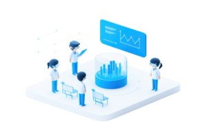 A group of figures analyzing data displayed on a digital interface, showcasing charts and graphs in a collaborative environment. png