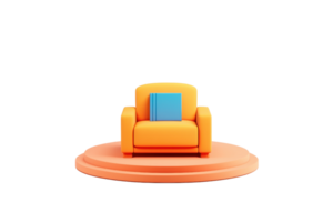 A vibrant orange armchair with a blue book resting on its arm, set on a circular platform. png