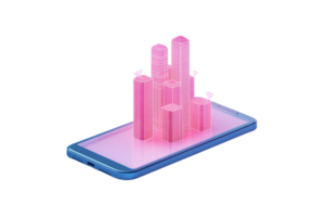 A smartphone displaying vibrant pink skyscraper-like structures, symbolizing data visualization or urban development. png
