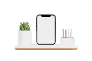 A modern desk setup featuring a smartphone, a succulent plant, and a pen holder on a sleek tray. png