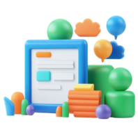 Colorful geometric shapes arranged around a central rectangular form with various icons and elements representing digital or interactive features. png